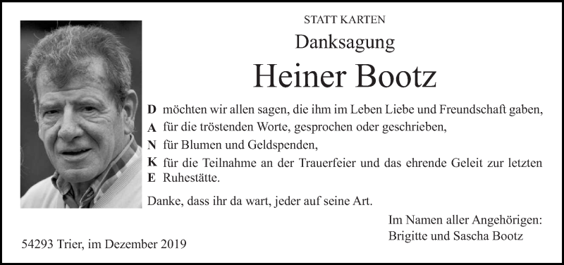  Traueranzeige für Heiner Bootz vom 04.12.2019 aus trierischer_volksfreund