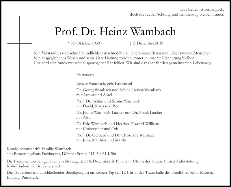  Traueranzeige für Heinz Wambach vom 07.12.2019 aus trierischer_volksfreund