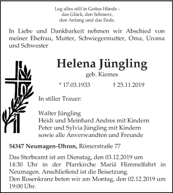 Traueranzeige von Helena Jüngling von trierischer_volksfreund