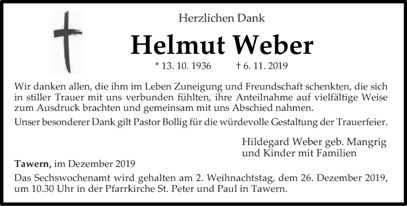 Traueranzeige für Helmut Weber vom 21.12.2019 aus trierischer_volksfreund