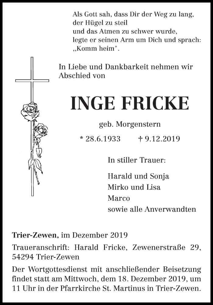  Traueranzeige für Inge Fricke vom 14.12.2019 aus trierischer_volksfreund
