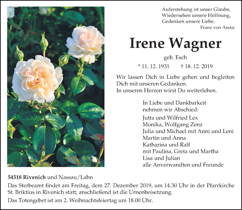  Traueranzeige für Irene Wagner vom 24.12.2019 aus trierischer_volksfreund