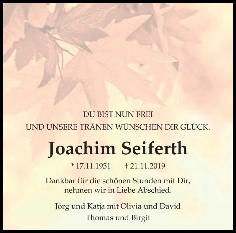  Traueranzeige für Joachim Seiferth vom 07.12.2019 aus trierischer_volksfreund