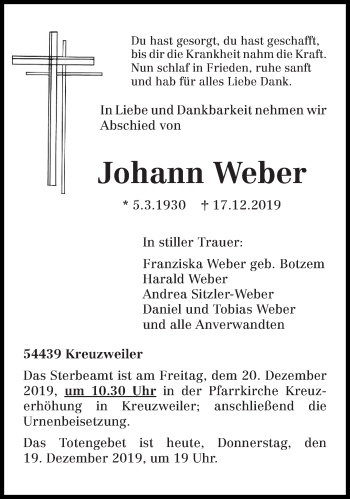 Traueranzeige von Johann Weber von trierischer_volksfreund