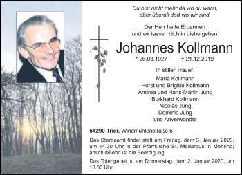 Traueranzeige von Johannes Kollmann von trierischer_volksfreund