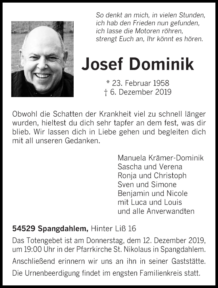  Traueranzeige für Josef Dominik vom 07.12.2019 aus trierischer_volksfreund