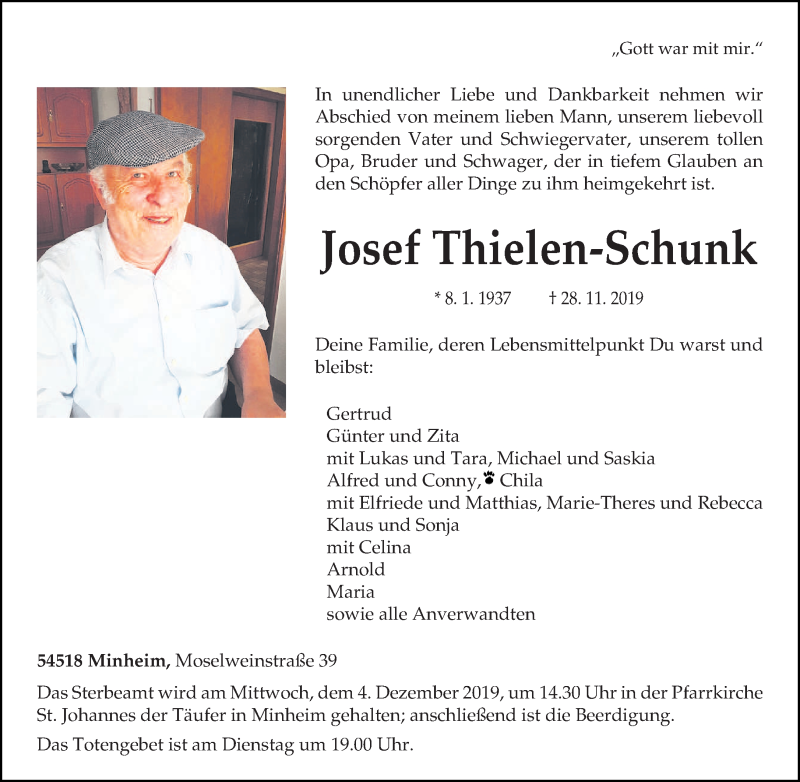  Traueranzeige für Josef Thielen-Schunk vom 30.11.2019 aus trierischer_volksfreund