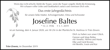 Traueranzeige von Josefine Baltes von trierischer_volksfreund