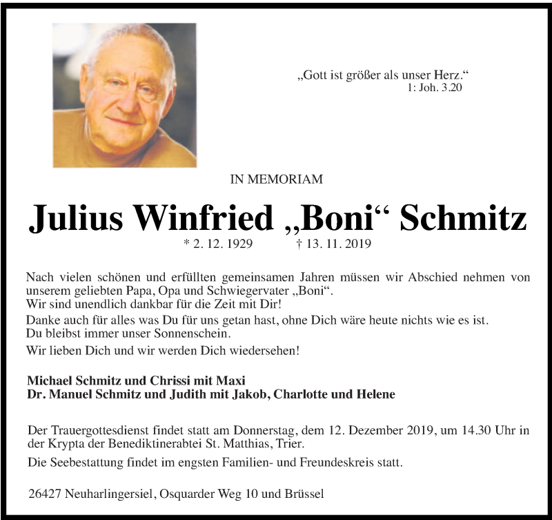  Traueranzeige für Julius Winfried „Boni“ Schmitz vom 04.12.2019 aus trierischer_volksfreund