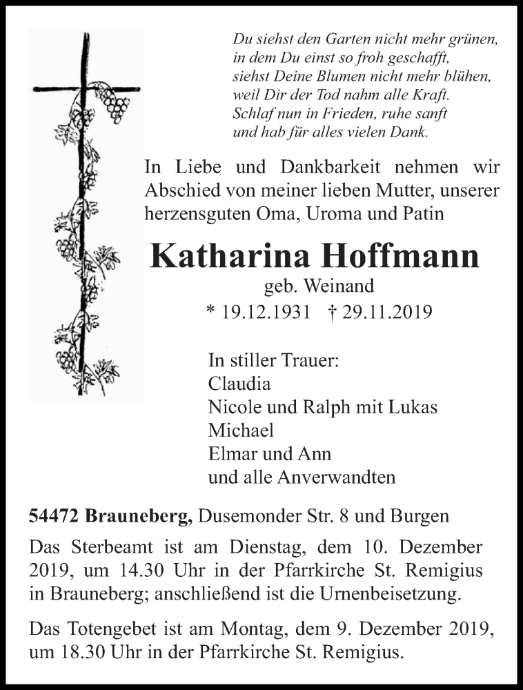  Traueranzeige für Katharina Hoffmann vom 07.12.2019 aus trierischer_volksfreund
