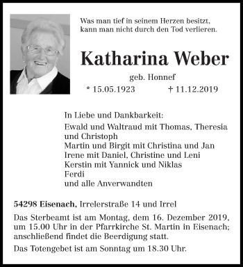 Traueranzeige von Katharina Weber von trierischer_volksfreund