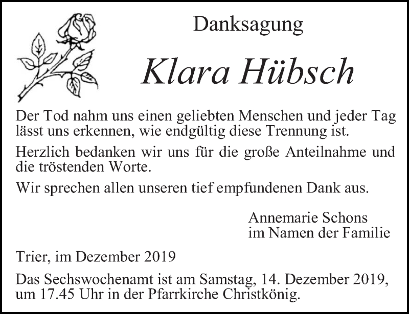  Traueranzeige für Klara Hübsch vom 07.12.2019 aus trierischer_volksfreund