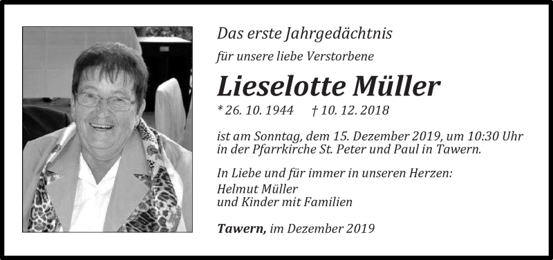  Traueranzeige für Lieselotte Müller vom 07.12.2019 aus trierischer_volksfreund