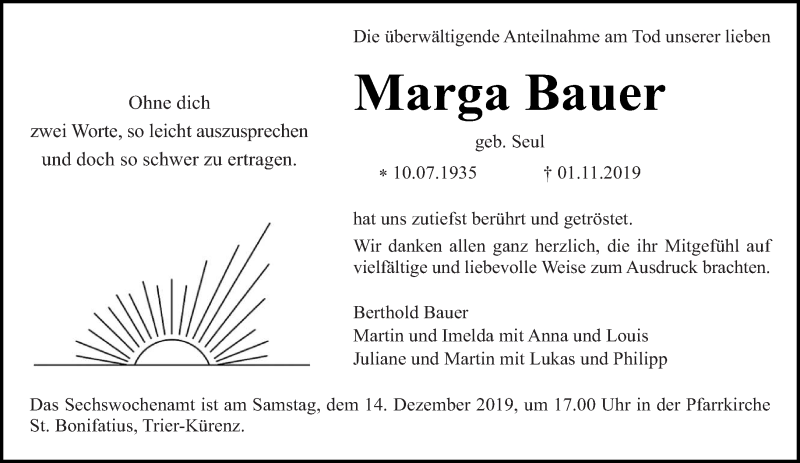  Traueranzeige für Marga Bauer vom 07.12.2019 aus trierischer_volksfreund