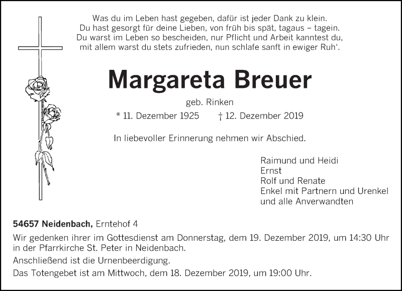  Traueranzeige für Margareta Breuer vom 14.12.2019 aus trierischer_volksfreund
