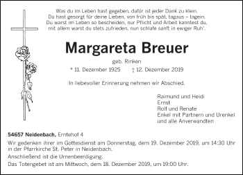 Traueranzeige von Margareta Breuer von trierischer_volksfreund