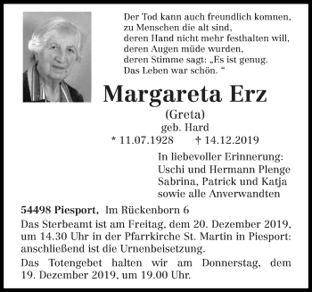 Traueranzeige von Margareta Erz von trierischer_volksfreund