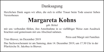 Traueranzeige von Margareta Kohns von trierischer_volksfreund