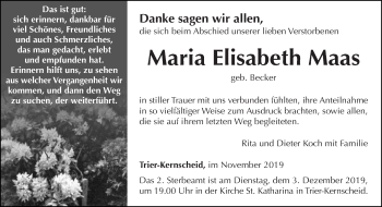 Traueranzeige von Maria Elisabeth Maas von trierischer_volksfreund