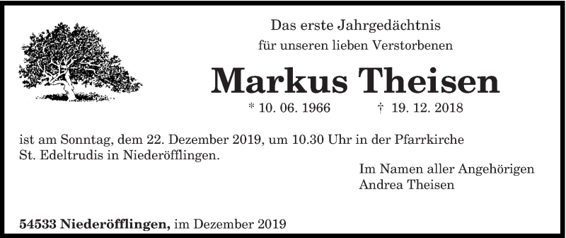  Traueranzeige für Markus Theisen vom 21.12.2019 aus trierischer_volksfreund