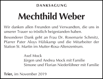 Traueranzeige von Mechthild Weber von trierischer_volksfreund