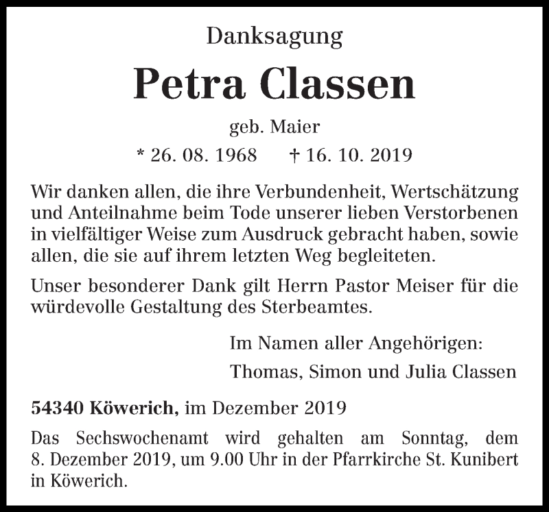  Traueranzeige für Petra Classen vom 04.12.2019 aus trierischer_volksfreund