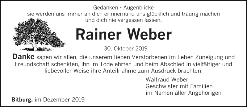  Traueranzeige für Rainer Weber vom 07.12.2019 aus trierischer_volksfreund