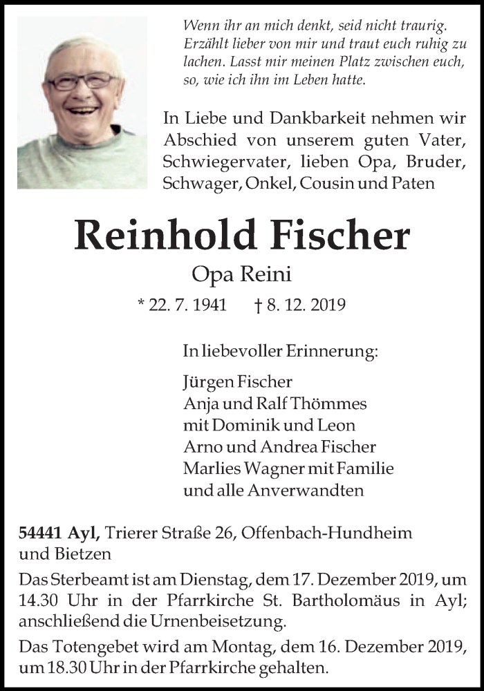  Traueranzeige für Reinhold Fischer vom 14.12.2019 aus trierischer_volksfreund