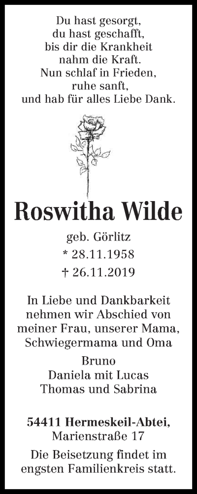  Traueranzeige für Roswitha Wilde vom 30.11.2019 aus trierischer_volksfreund