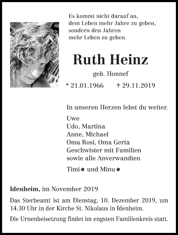  Traueranzeige für Ruth Heinz vom 07.12.2019 aus trierischer_volksfreund