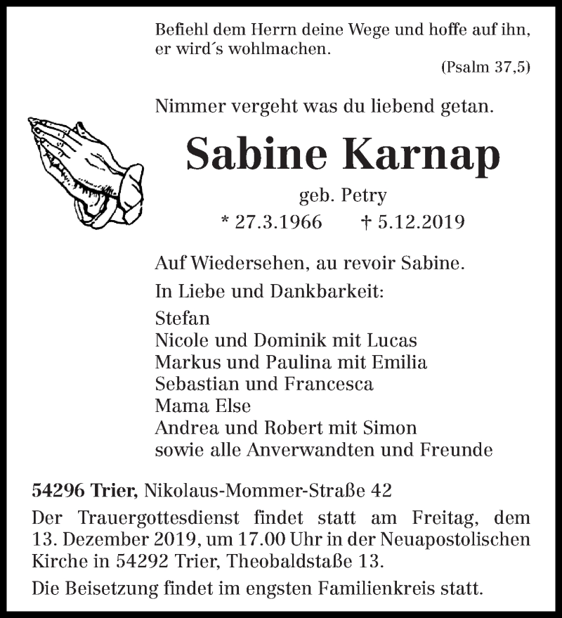  Traueranzeige für Sabine Karnap vom 09.12.2019 aus trierischer_volksfreund
