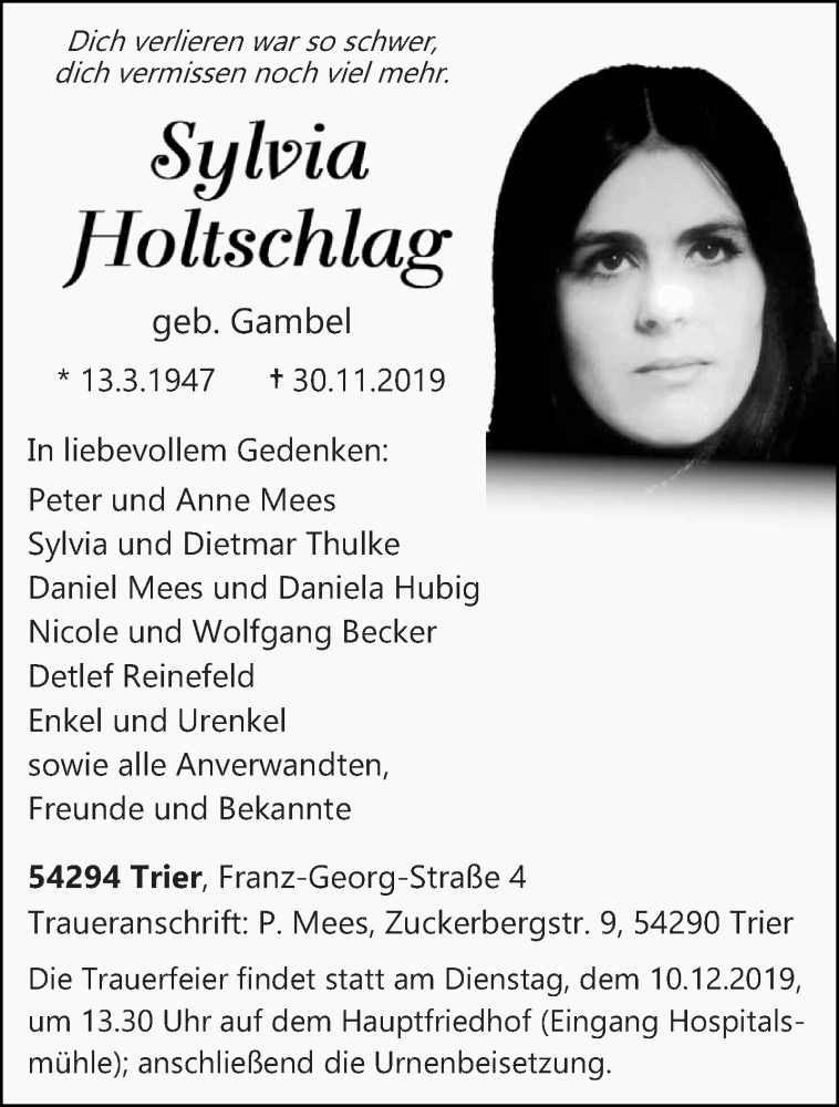  Traueranzeige für Sylvia Holtschlag vom 07.12.2019 aus trierischer_volksfreund