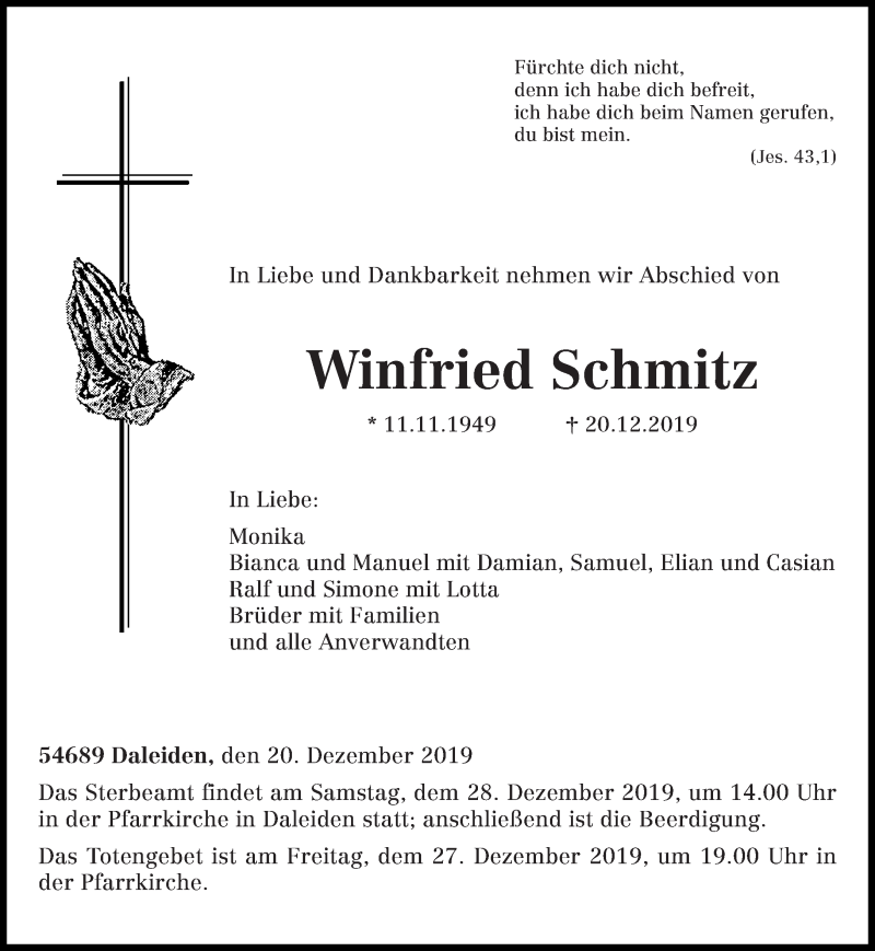  Traueranzeige für Winfried Schmitz vom 23.12.2019 aus trierischer_volksfreund