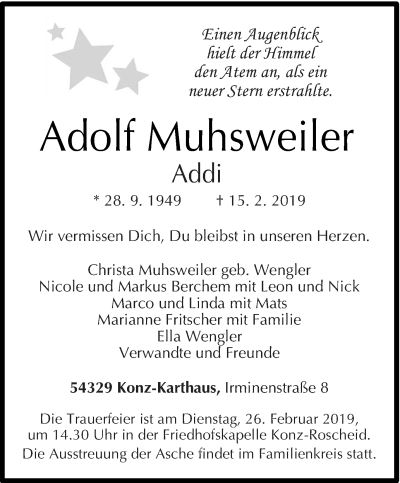  Traueranzeige für Adolf Muhsweiler vom 22.02.2019 aus trierischer_volksfreund