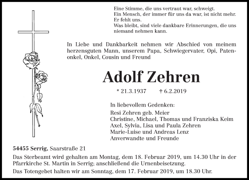  Traueranzeige für Adolf Zehren vom 09.02.2019 aus trierischer_volksfreund