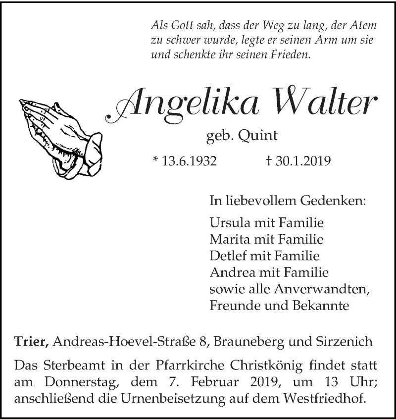  Traueranzeige für Angelika Walter vom 02.02.2019 aus trierischer_volksfreund