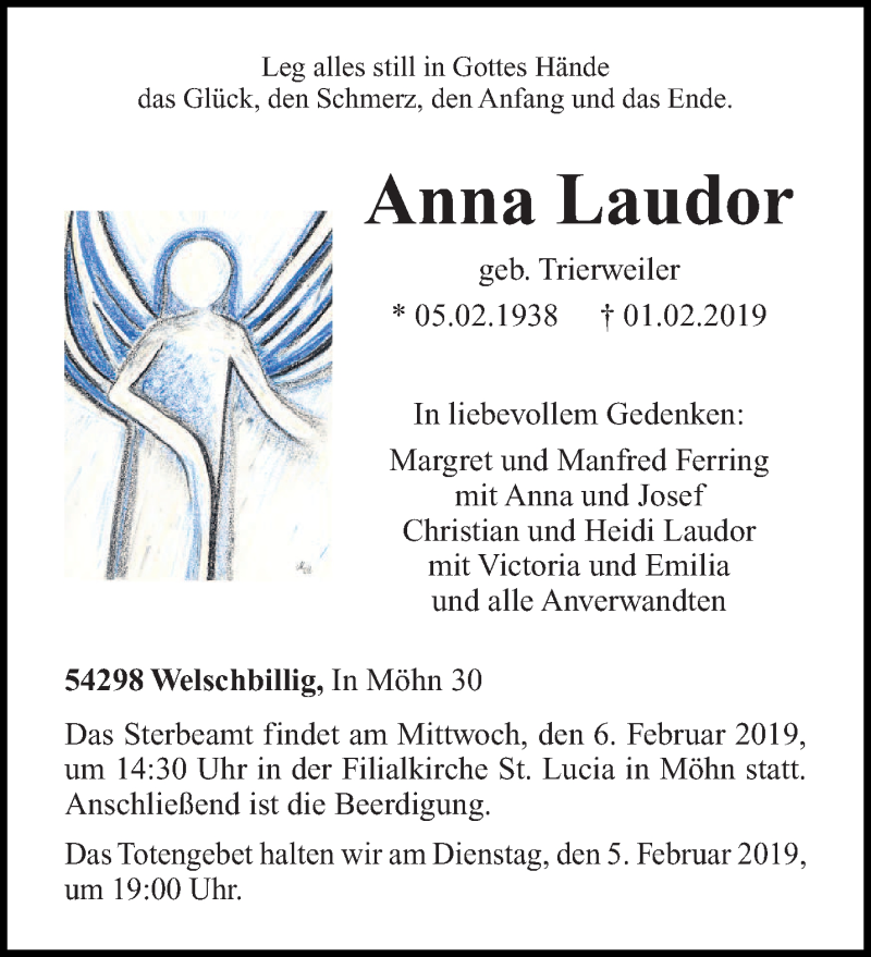  Traueranzeige für Anna Laudor vom 04.02.2019 aus trierischer_volksfreund