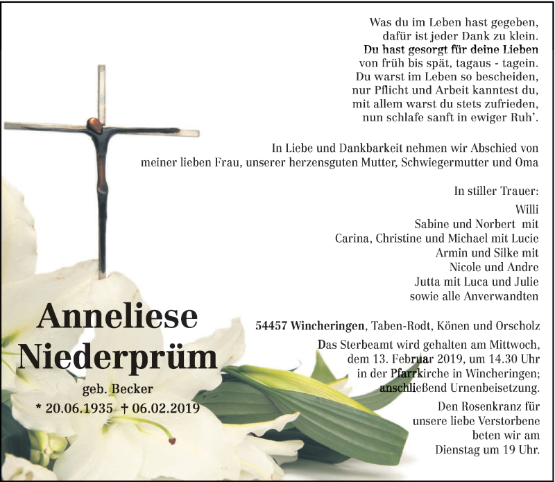  Traueranzeige für Anneliese Niederprüm vom 09.02.2019 aus trierischer_volksfreund