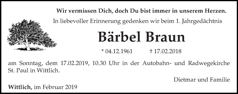  Traueranzeige für Bärbel Braun vom 13.02.2019 aus trierischer_volksfreund