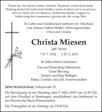 Traueranzeige von Christa Miesen von trierischer_volksfreund