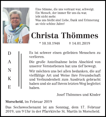Traueranzeige von Christa Thömmes von trierischer_volksfreund