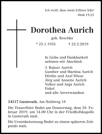 Traueranzeige von Dorothea Aurich von trierischer_volksfreund