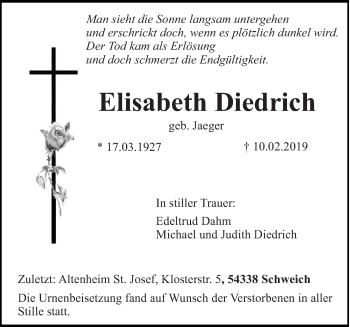 Traueranzeige von Elisabeth Diedrich von trierischer_volksfreund