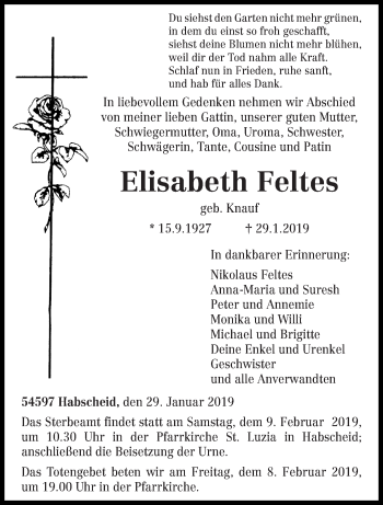 Traueranzeige von Elisabeth Feltes von trierischer_volksfreund