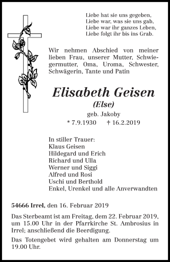 Traueranzeige von Elisabeth Geisen von trierischer_volksfreund