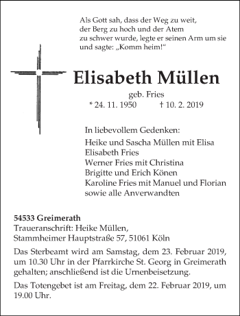 Traueranzeige von Elisabeth Müllen von trierischer_volksfreund