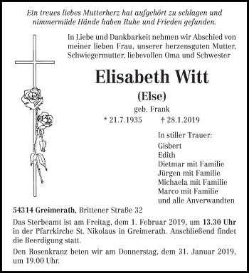 Traueranzeige von Elisabeth Witt von trierischer_volksfreund