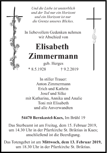 Traueranzeige von Elisabeth Zimmermann von trierischer_volksfreund