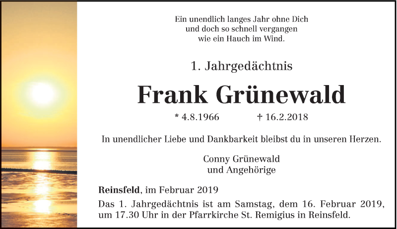  Traueranzeige für Frank Grünewald vom 09.02.2019 aus trierischer_volksfreund