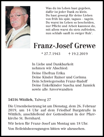 Traueranzeige von Franz-Josef Grewe von trierischer_volksfreund